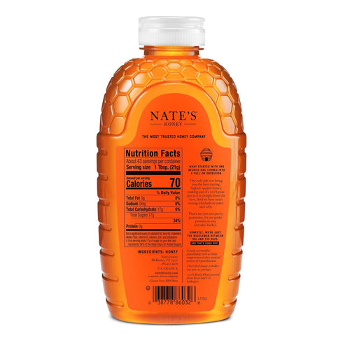 100% 32 oz. Nate's Texas Pure, Raw & Unfiltered Honey - Squeeze Bottle - All-natural Sweetener