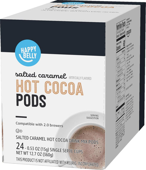 2.0 24 Count (Pack 2) Amazon Brand - Happy Belly Hot Cocoa Pods Compatible with K-Cup Brewers, Salted Caramel Flavored