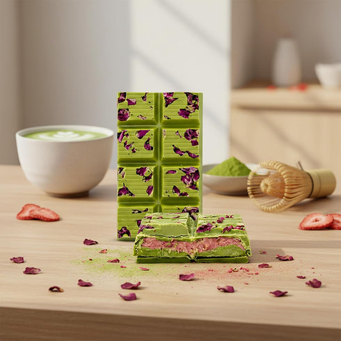 5.6oz Matcha White Chocolate Bar with Strawberry Paste, Dried Strawberries, Kataifi Crunch & Dried Rose Petals Handmade