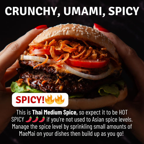3.17oz (90g) MaeMai Medium Spice (SPICY) - Crispy Onions & Garlic Flakes - Crunchy All-Purpose Seasoning, Keto, Salad