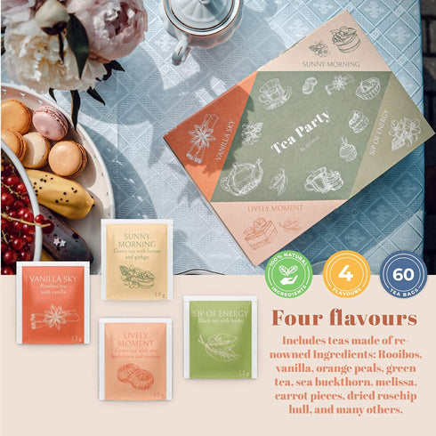 ACORUS Tea Party with 4 Different Flavors, 40 Count Natural Rooibos, Black Tea, Green Tea Variety Pack