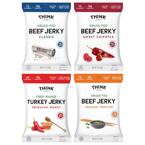 Think Jerky Beef and Turkey Jerky Variety, Original, Sweet Chipotle, Sriracha Honey,