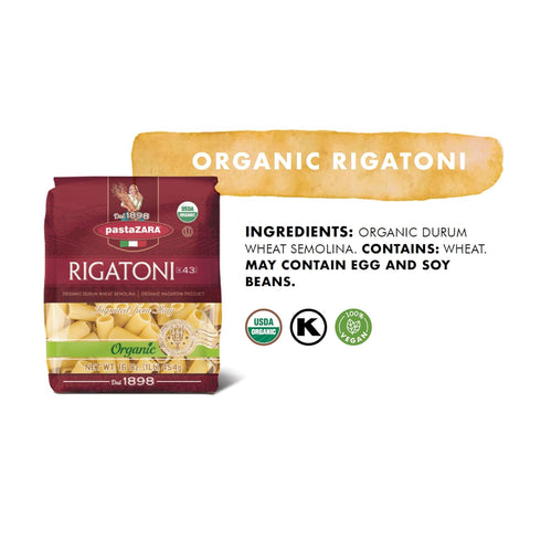 100% (1 LB. PASTA ZARA - Rigatoni - Organic - Italian Pasta, Made with Durum Wheat Semolina Flour, Non GMO, Kosher BAG)