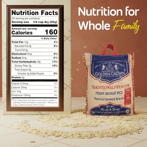 10 lb 4.5kg Golden Crown Indian White Basmati Rice - Naturally Aged - Gluten Free, Rich Aroma, Non Sticky & Extra Long