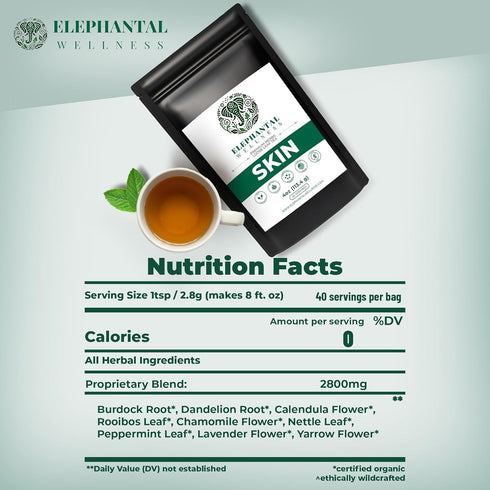 Elephantal Wellness 4oz 40 Premium Skin Herbal Tea | Radiance & Clarity Support with Burdock, Dandelion Root Tea