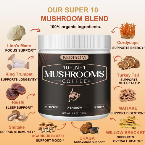 10 1 Immunity, 180g, 60 in Mushrooms Coffee, Instant Mushroom Coffee Powder with Lion's Mane, Cordyceps, Reishi
