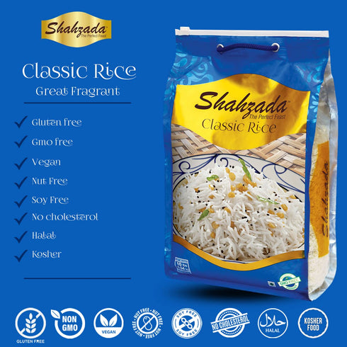 10 lbs Shahzada Classic White Rice Premium Aged, Aromatic & Flavorful Long Grain | Slender, Non-GMO, Quick Cooking
