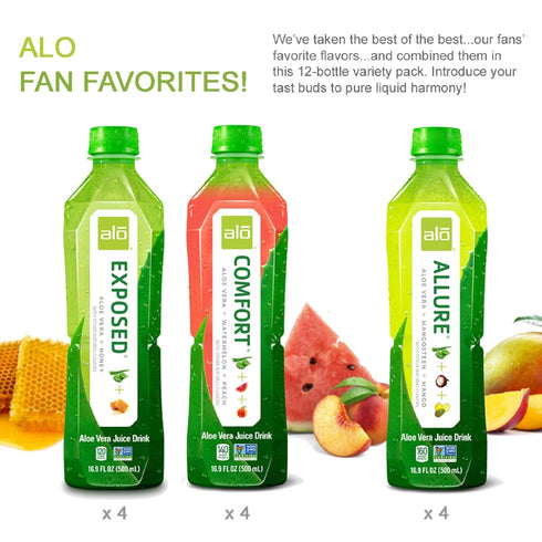16.9 oz, Pack 12 3-Flavor Pack ALO Aloe Vera Juice | fl of | Variety | ALLURE, COMFORT, EXPOSED Plant-Based Drink
