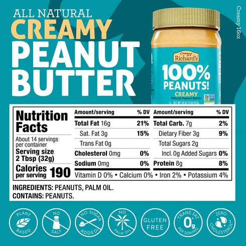 100% Pack (16 Pack 4) Crazy Richard's All-Natural Vegan Creamy & Crunchy Peanuty Butter with No Added Sugar and Non-GMO