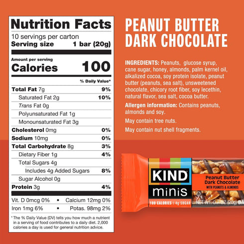 Pack, 30 Count KIND Mini Snack Bars Variety Gluten Free, Low Sugar, Low Calorie Snacks, Dark Chocolate Nuts & Sea Salt