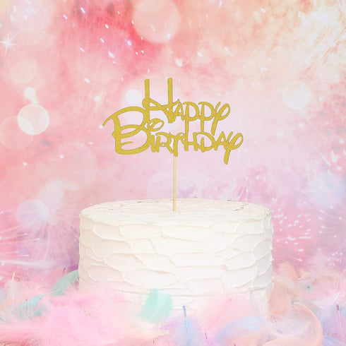 Gold Happy Birthday Cake Topper - Golden Glitter Birthday Party Decoration Supplies, Cake Smash Props