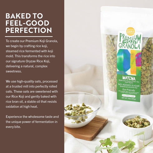 San-J Koji Matcha Granola - Made with Real Matcha Powder - Vegan - Gut-Friendly - No Added Sugar - Made With Premium