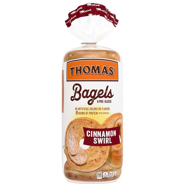 THOMAS' Cinnamon Swirl Bagels, 6 count, (3.0 oz each), 9g Protein, Kosher Cinnamon