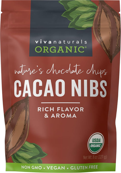 Viva Naturals Organic Cacao Nibs, 8 oz - Keto Friendly, Unsweetened Chocolate Chip Substitute