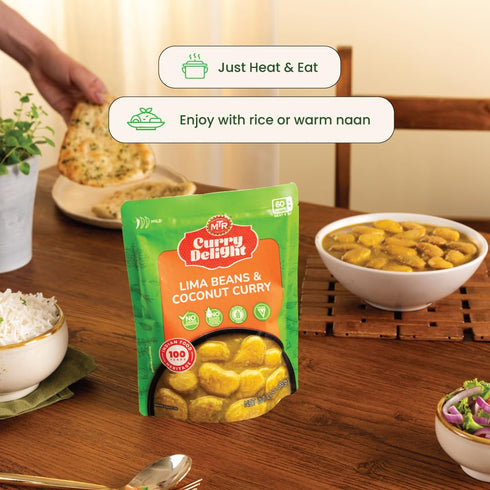 100% 2-285g Pack 6 MTR Curry Delight - Authentic Indian Ready-to-Eat Lima Beans & Coconut Curry - Gluten-Free, No Added