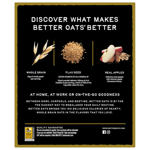 100 Packets, 10 (Pack 6) Better Oats Calorie Apples and Cinnamon Oatmeal Instant Breakfast with Flax Seeds and Natural