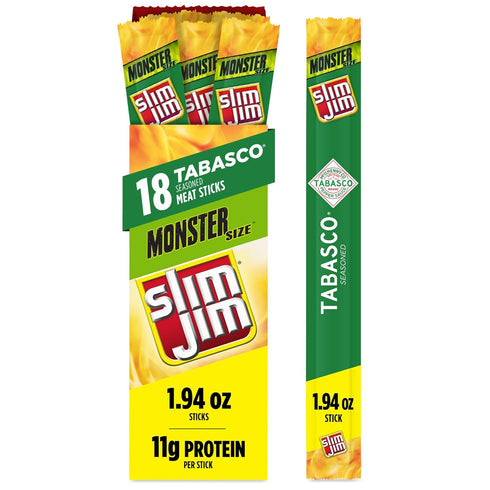 Slim Jim Monster Smoked Meat Sticks, Tabasco Flavor, High Protein, 1.94 oz.