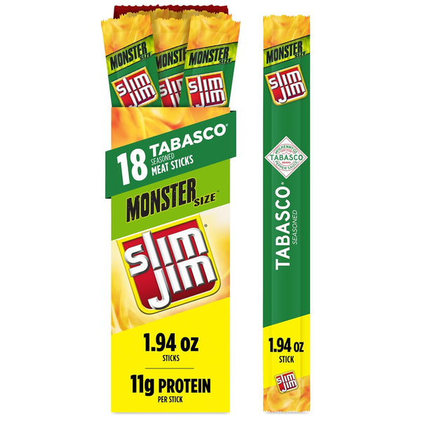 Slim Jim Monster Smoked Meat Sticks, Tabasco Flavor, High Protein, 1.94 oz.