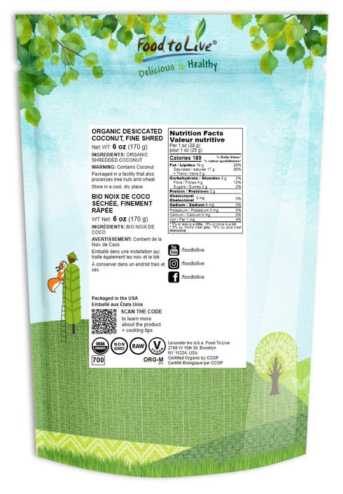 6 Food to Live Organic Fine Shredded Coconut, Ounces Non-GMO, Raw, Unsweetened, Unsulfured, Desiccated, Shaved Meat.