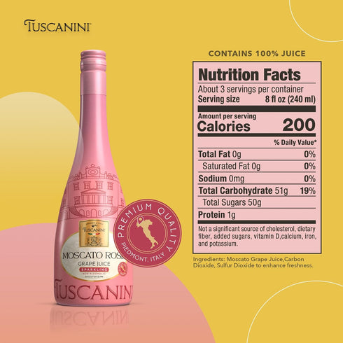 25.3oz (2 Pack) Tuscanini Italian Moscato Rose Sparkling Grape Juice, | Non Alcoholic Sparkling Juice | Valentines Day