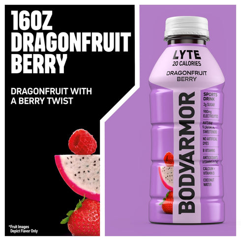 Potassium-Packed 16 Oz (Pack 12) BODYARMOR LYTE Sports Drink Low-Calorie Sports Beverage, Dragonfruit Berry, Coconut