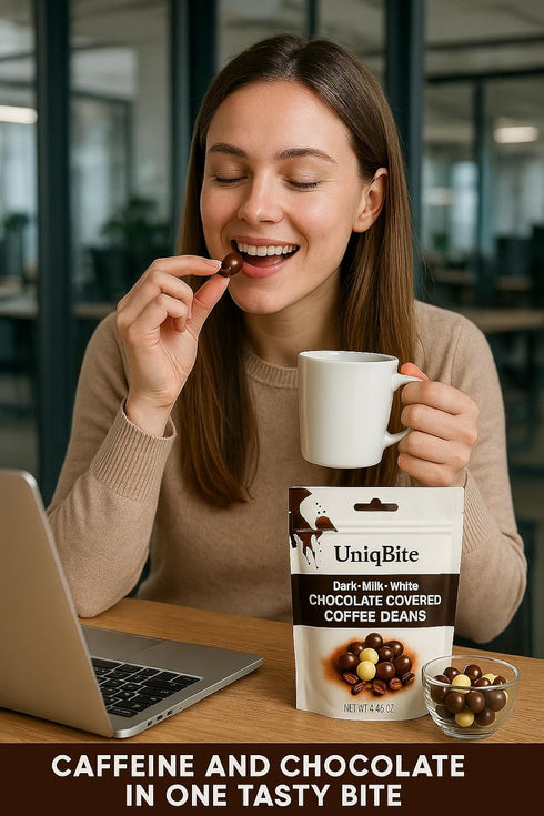 4.4 Oz, UNIQBITE Chocolate Covered Coffee Beans, Mixed Chocolate Dragees with Whole Roasted Coffee, White-Dark-Milk