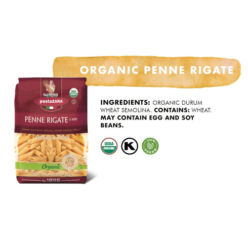 100% (1 LB. PASTA ZARA - Penne Rigate - Organic - Italian Pasta, Made with Durum Wheat Semolina Flour, Non GMO, Kosher