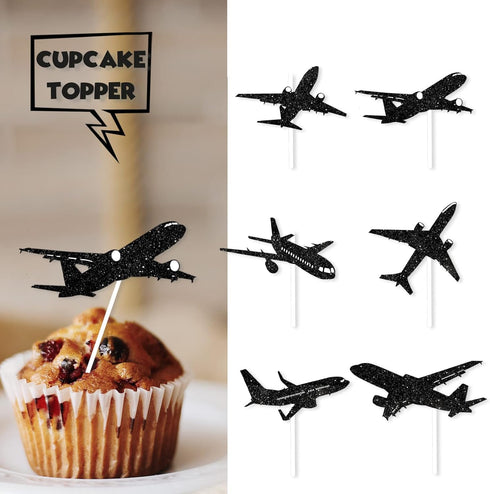 LETLIMIT 18pcs Black Glitter Silhouette Airplane Dessert Cupcake Topper Aviation Flying Theme Decorations Baby Shower