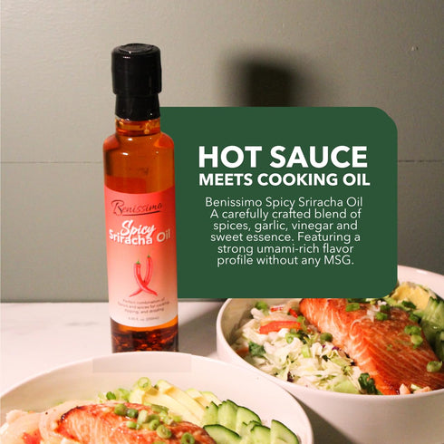8.45 oz Benissimo Spicy Sriracha Infused Oil Chili & Garlic Herb Oil, Vegan All Natural Cooking Oil for Stir Fry