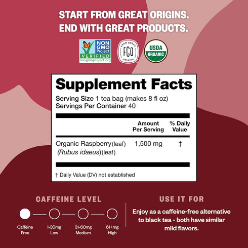 FGO Organic Red Raspberry Leaf Tea Bags - 100 Eco-Conscious, Caffeine Free, Resealable Bag