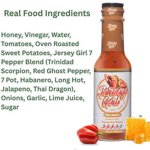 5 oz Free/Pack 2 Jersey Girl (Bee Sweet Honey Hot Sauce) Scorpion & Ghost Pepper / Bottle/No Sodium/Salt