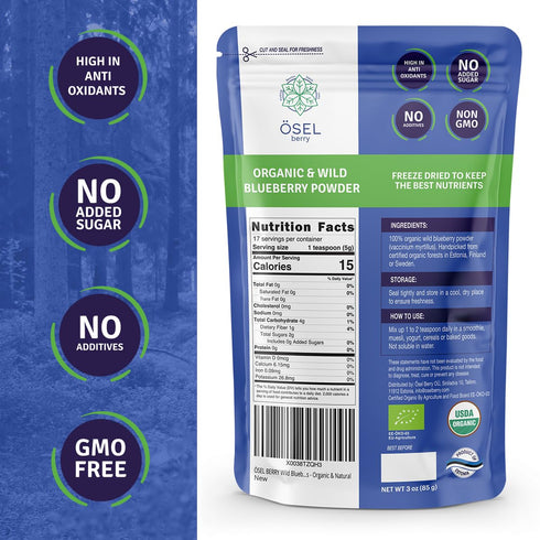 SEL BERRY 3oz Organic Wild Blueberry Powder USDA Certified - No Sugar Added Antioxidant-Rich Freeze Dried Organic Wild