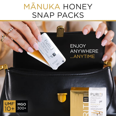 10+ (MGO300+) 21 0.18oz Packets, PURITI Genuine Raw Manuka Honey Snaps On The Go - UMF x Individual Snap Single Serve
