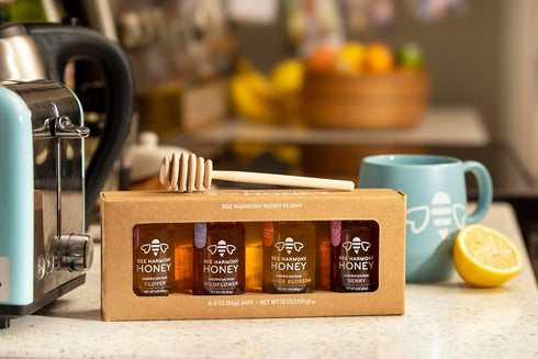 Set, 4 3 OZ Bee Harmony Classic Honey Flight, Mini Honey Gift Jars, Each, Premium, Raw, Made in the USA