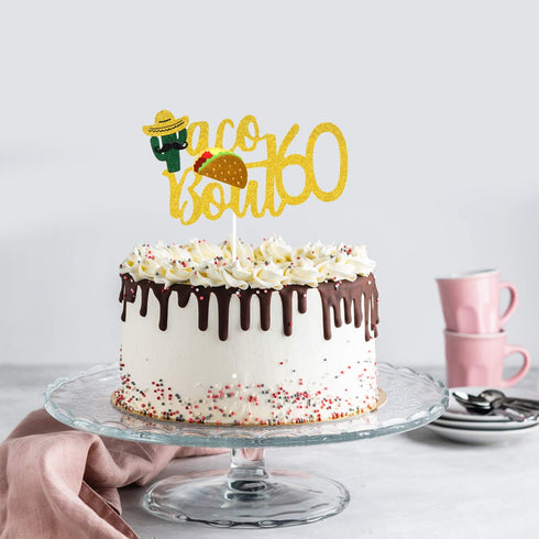 Taco Bout 60 Birthday Cake Topper, Fiesta 60th Birthday Party Glitter Decoration, Fabulous Sixty, Mexican Summer