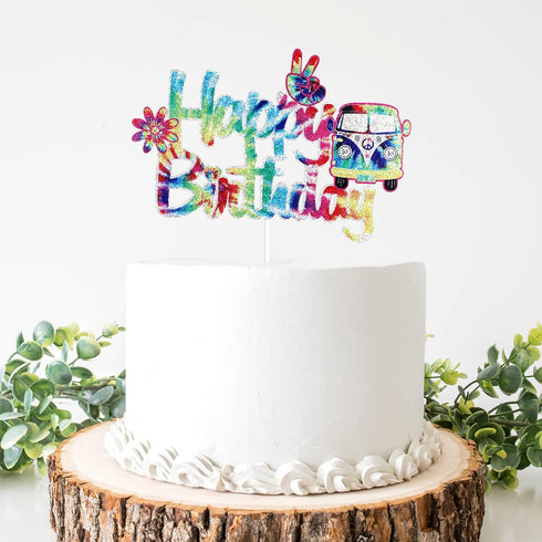 Groovy 60's Tie Dye Happy Birthday Cake Topper - 60's Birthday Party Cake Decoration
