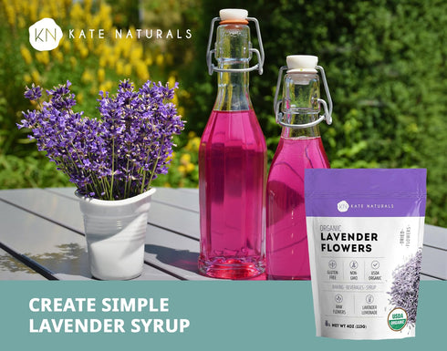 Kate Naturals Dried Lavender Flowers for Tea, Syrup, Lemonade, Soap Making - Edible Culinary Grade Buds (4oz, Organic,