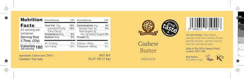 35 Oz (1kg) 100% Nutural World - Smooth Cashew Nut Butter - Great Taste Award Winner - pure single ingredient