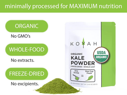 30 KOYAH - Organic USA Kale Powder (Equivalent to Cups Fresh): Freeze-dried, Whole-Leaf Powder