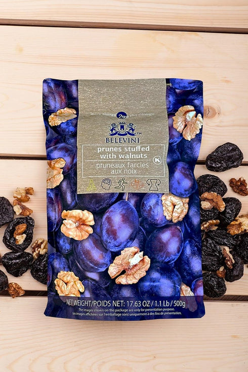 Belevini 17.63 oz (Pack 1) Prunes Stuffed with Walnuts, Kosher, Vegan, No Sugar Added - Natural Healthy Snack,
