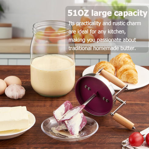(51 OZ) Retro Manual Butter Churn Kit - Wooden Hand-Crank Butter Maker with Glass Jar, Perfect for Fresh Cream, Keto
