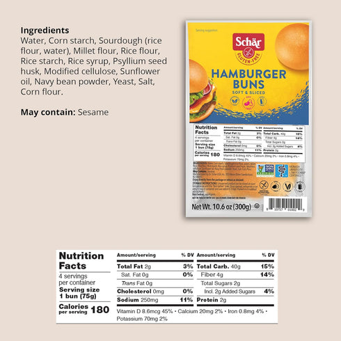 4-Pack Schar Gluten-Free Hamburger Buns - Nutritious Sourdough Buns for BBQ Perfection - Certified Gluten-Free, Source
