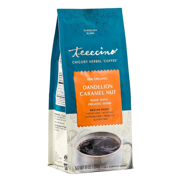 Teeccino Dandelion Caramel Nut Herbal Coffee - Caffeine-Free Coffee Alternative with Prebiotics,