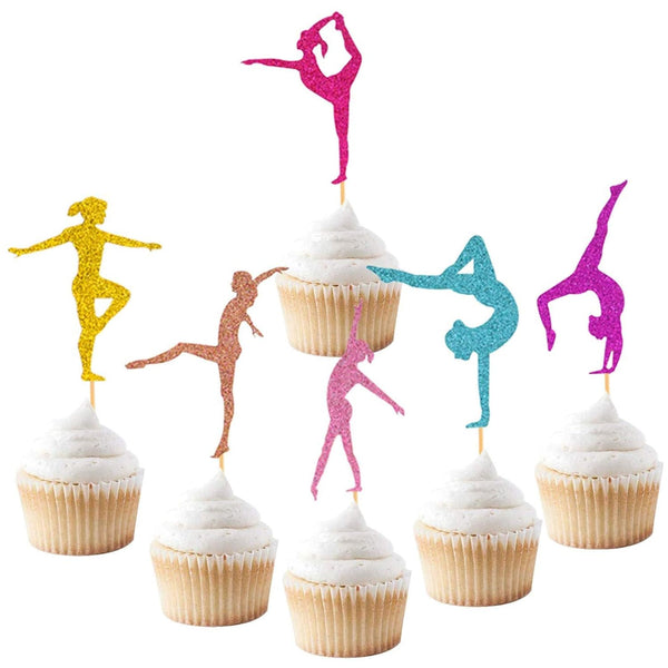 Gymnastics Cupcake Topper, Themed Cake Picks for Girl Birthday Party Supplies, Colorful Glitter Decorations Set of 24