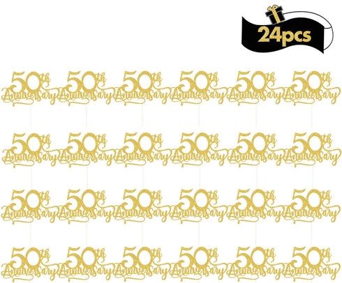 24Pcs Gold Glitter 50th Anniversary Cupcake Topper, Happy 50th Cheers to 50 Years Party Decoration Supplies