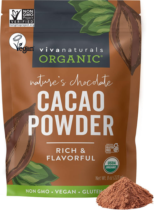 Viva Naturals Organic Cacao Powder, 8 oz Unsweetened Cocoa Powder for Baking & Smoothies, Certified Vegan