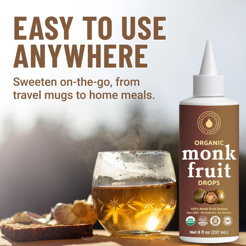 100% 8 oz Organic Monk Fruit Liquid Sweetener Drops, Pure Extract, Zero Sugar & No Erythritol, Original Flavor Liquid