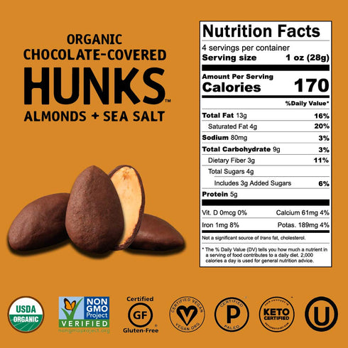 2 Pack Hu Hunks Vegan Chocolate Covered Almonds With Sea Salt | | Non-GMO, Gluten Free, Paleo, Organic Dark Chocolate
