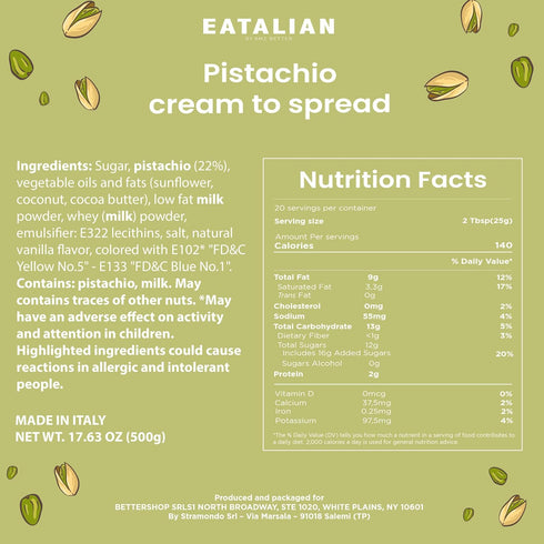 17.63 oz/500 EATALIAN by AMZ BETTER Pistachio Cream, gr, Delicious Spreadable Cream with Sweet and Unique Taste