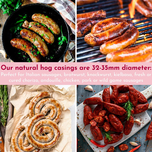 32ft 32mm 12lb Kielbasa SAUSAGE CASINGS Natural HOG Casings for Sausage Making, for Sausage Making - Pre-Tubed, Edible